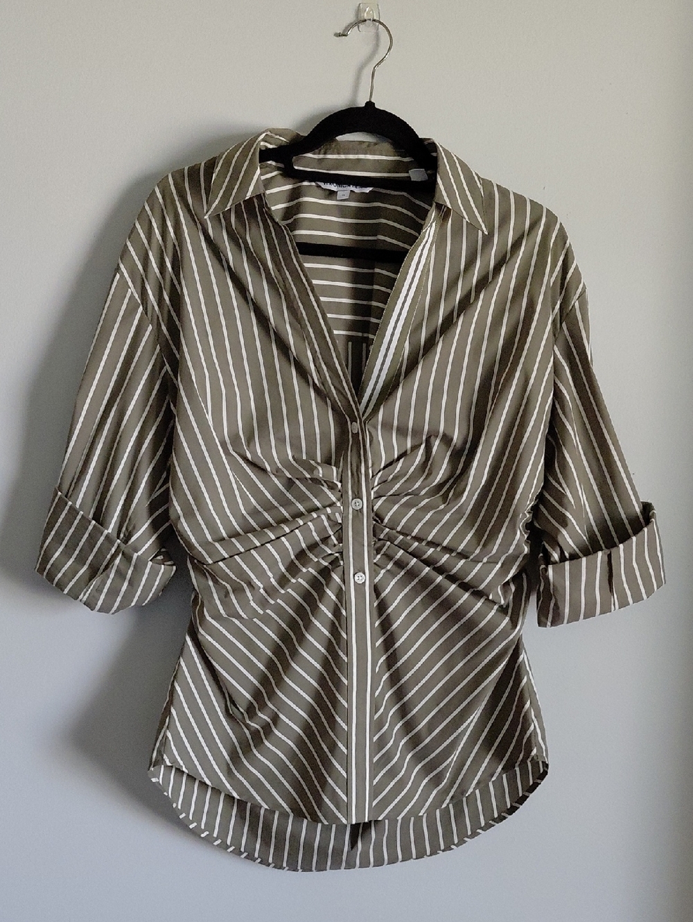 Veronica Beard Green Devra Ruched Striped Stretch-Cotton Button-Front Top - Picture 2 of 12